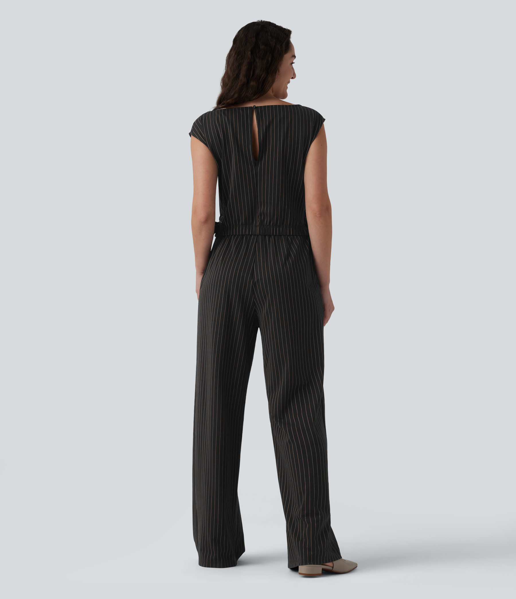 Boat Neck Sleeveless Tie Side Cool Touch Stripe Work Jumpsuit with Pockets-Easy Peezy Edition
