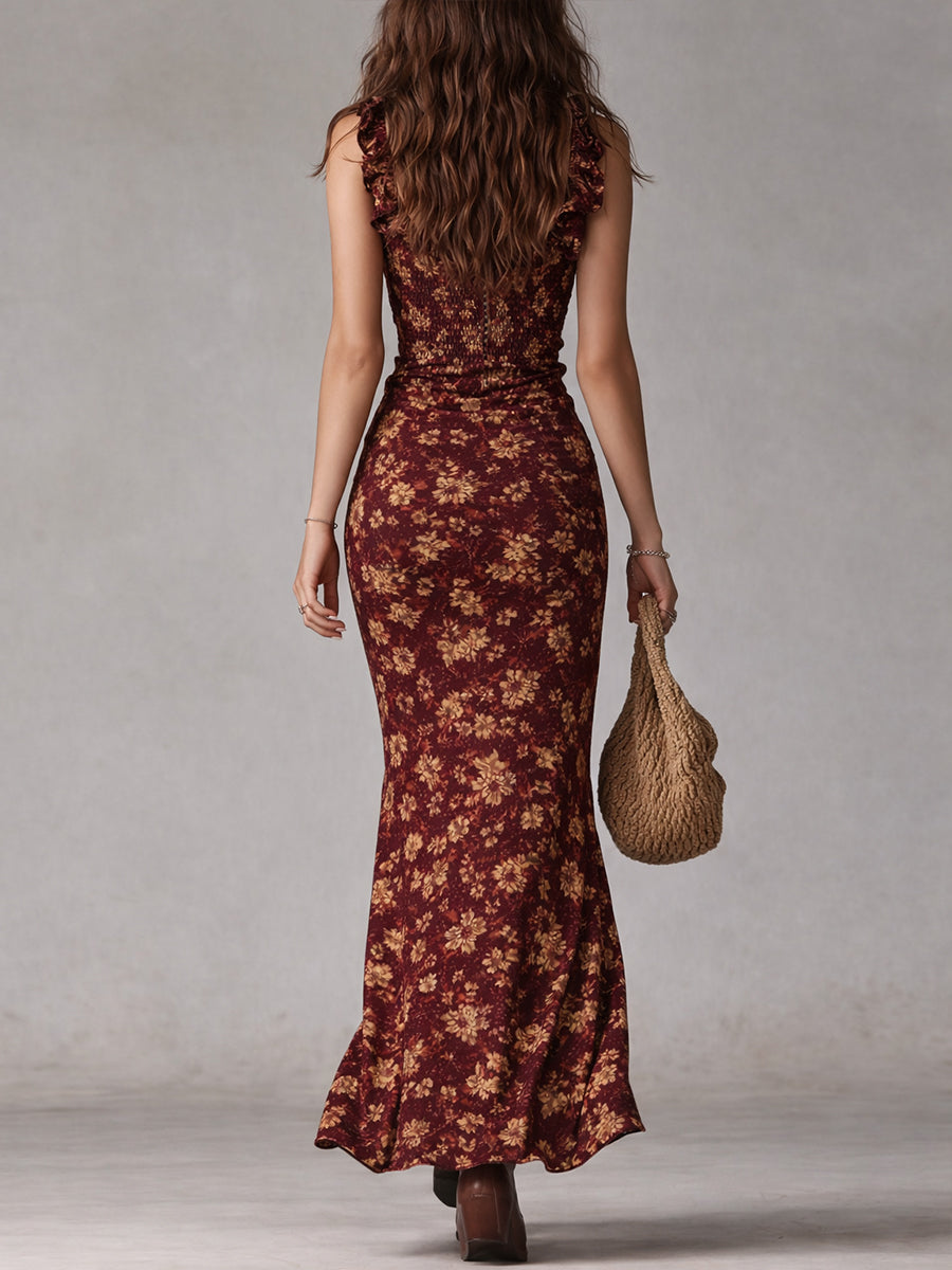 Boho Ruffle Sleeve Maxi Dress – High Slit Summer Dress