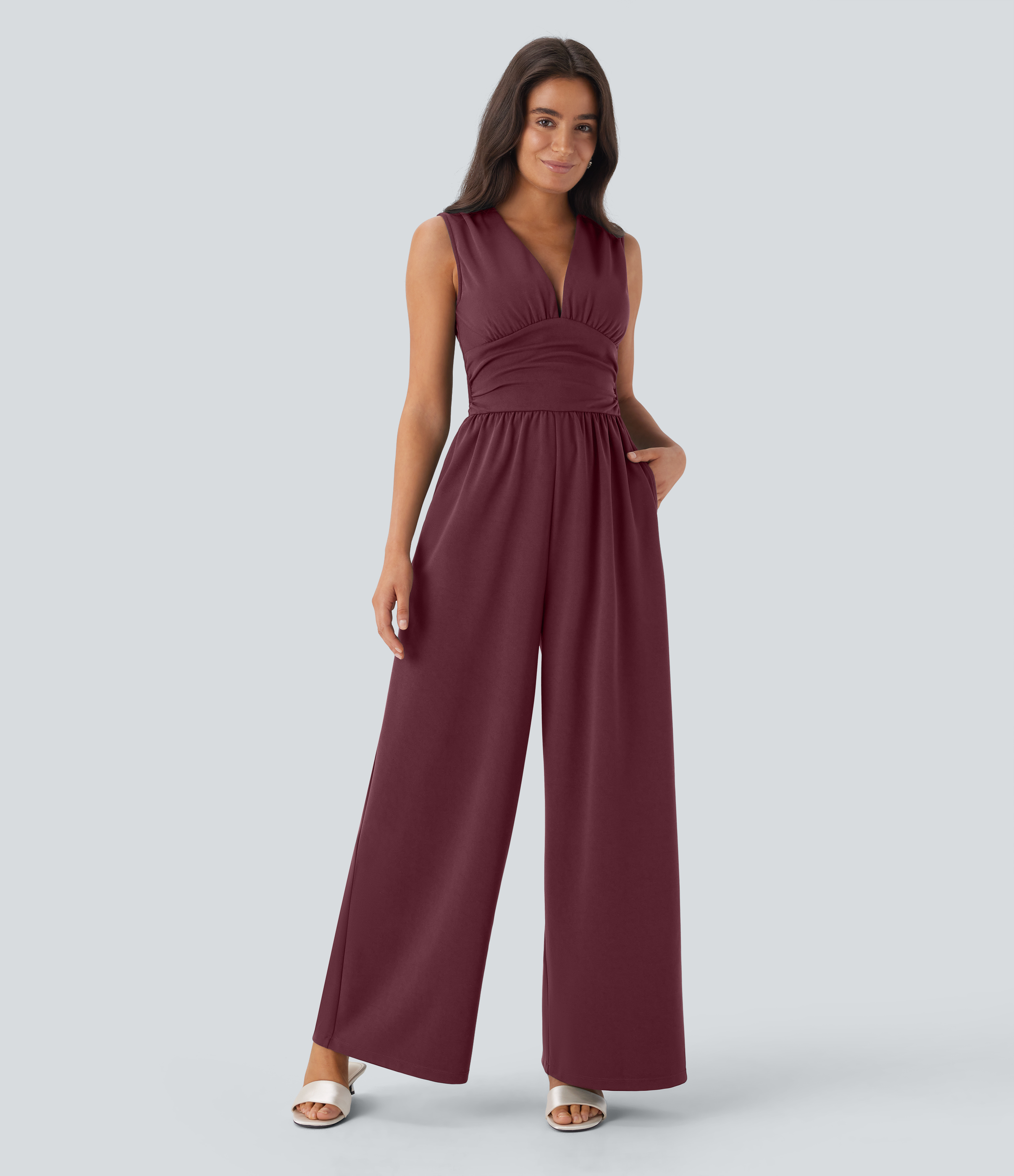 V Neck Sleeveless Ruched Pocket Jumpsuit-Easy Peezy