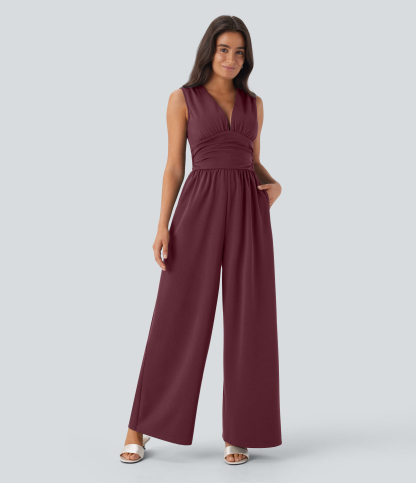 V Neck Sleeveless Ruched Pocket Jumpsuit-Easy Peezy