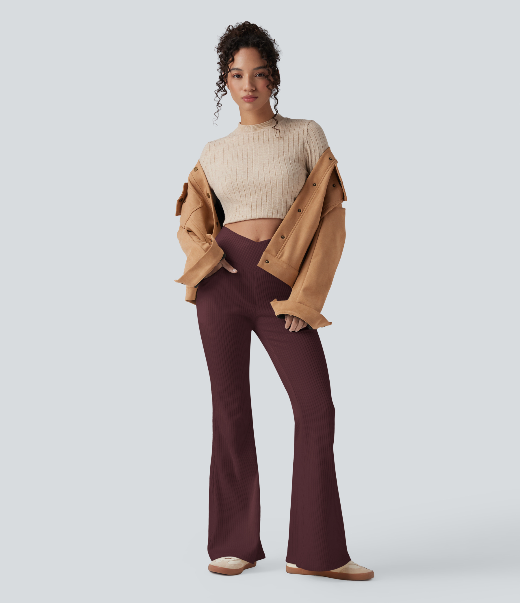 Ribbed Knit Crossover High Waisted Pocket Casual Flare Pants