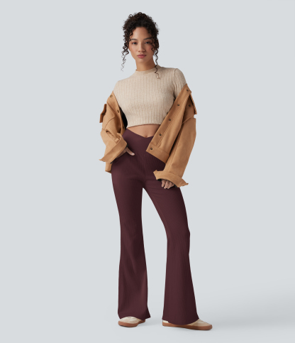 Ribbed Knit Crossover High Waisted Pocket Casual Flare Pants