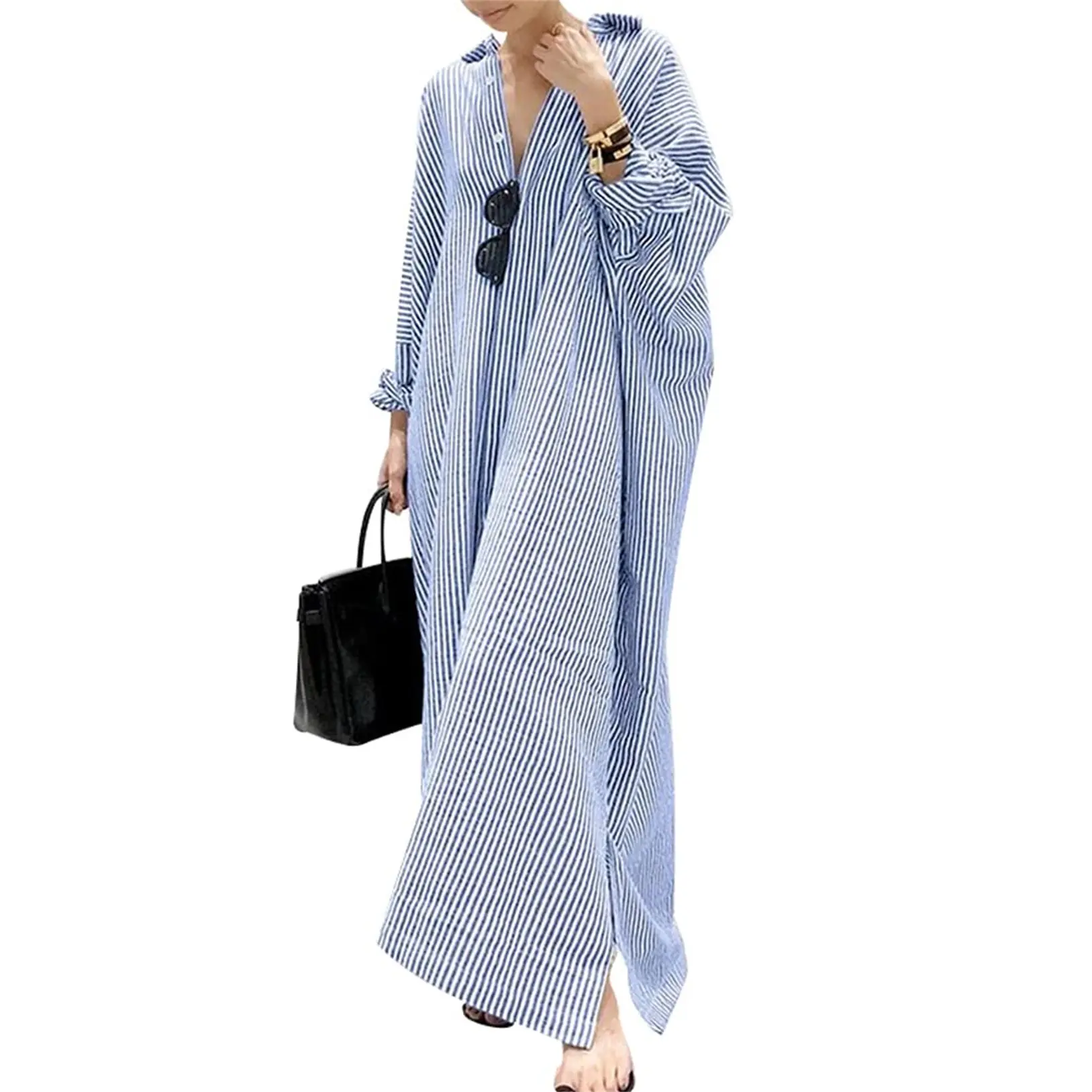 Women's Casual Striped Cotton Maxi Shirt Dress