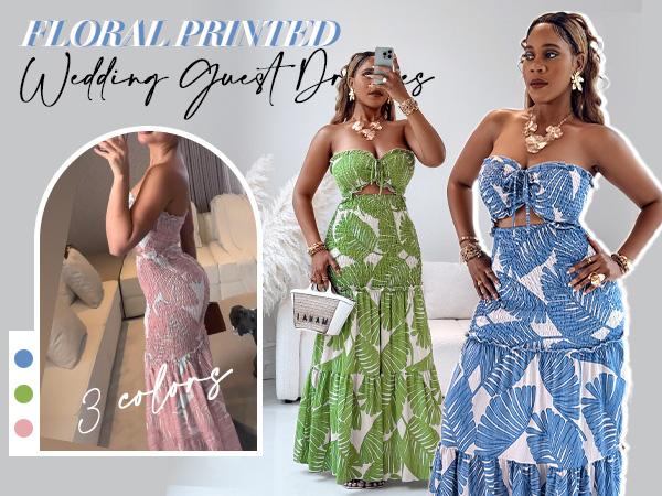 CHICME Women's Tropical Floral Print Smocked Maxi Dress Ruched Bandeau Cutout Summer Vacation Dress Elegant Shirred Ruffle Hem Mermaid Beach Dress/Summer Dress/Seaside Vacation Sleeveless Skirt