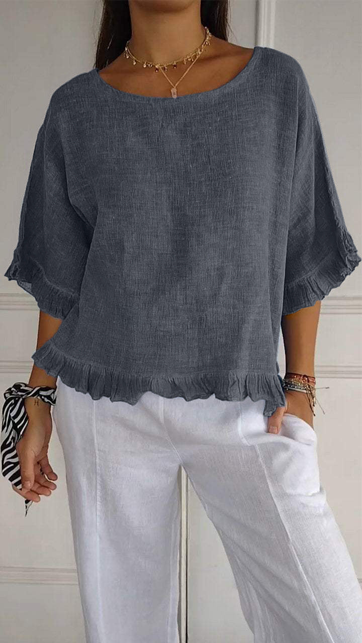 Round Neck Ruffled Hem Mid-sleeve Cotton and Linen Top