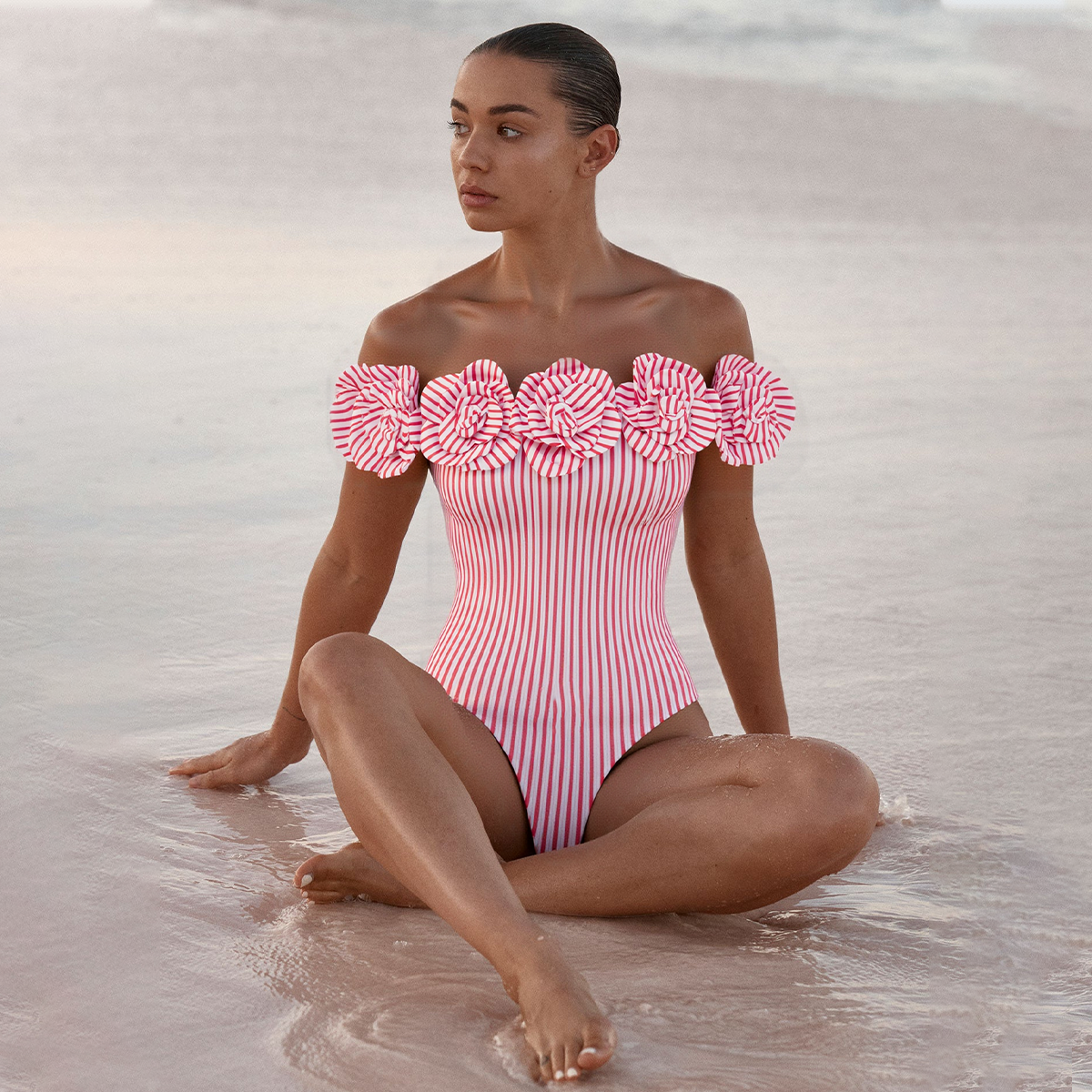 Open Shoulder 3D Flower One Piece Swimsuit and Skirt