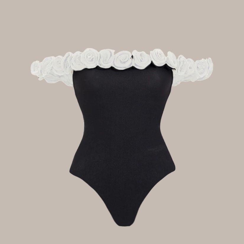 3D Flowers Off Shoulder One Piece Swimsuit and Skirt