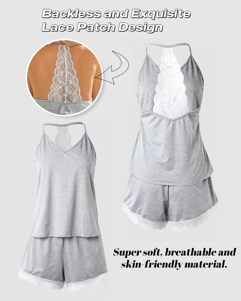 CHICME Womens Crochet Lace Trim Backless Cami Tops and Shorts Set Pajams Set Sleepwear