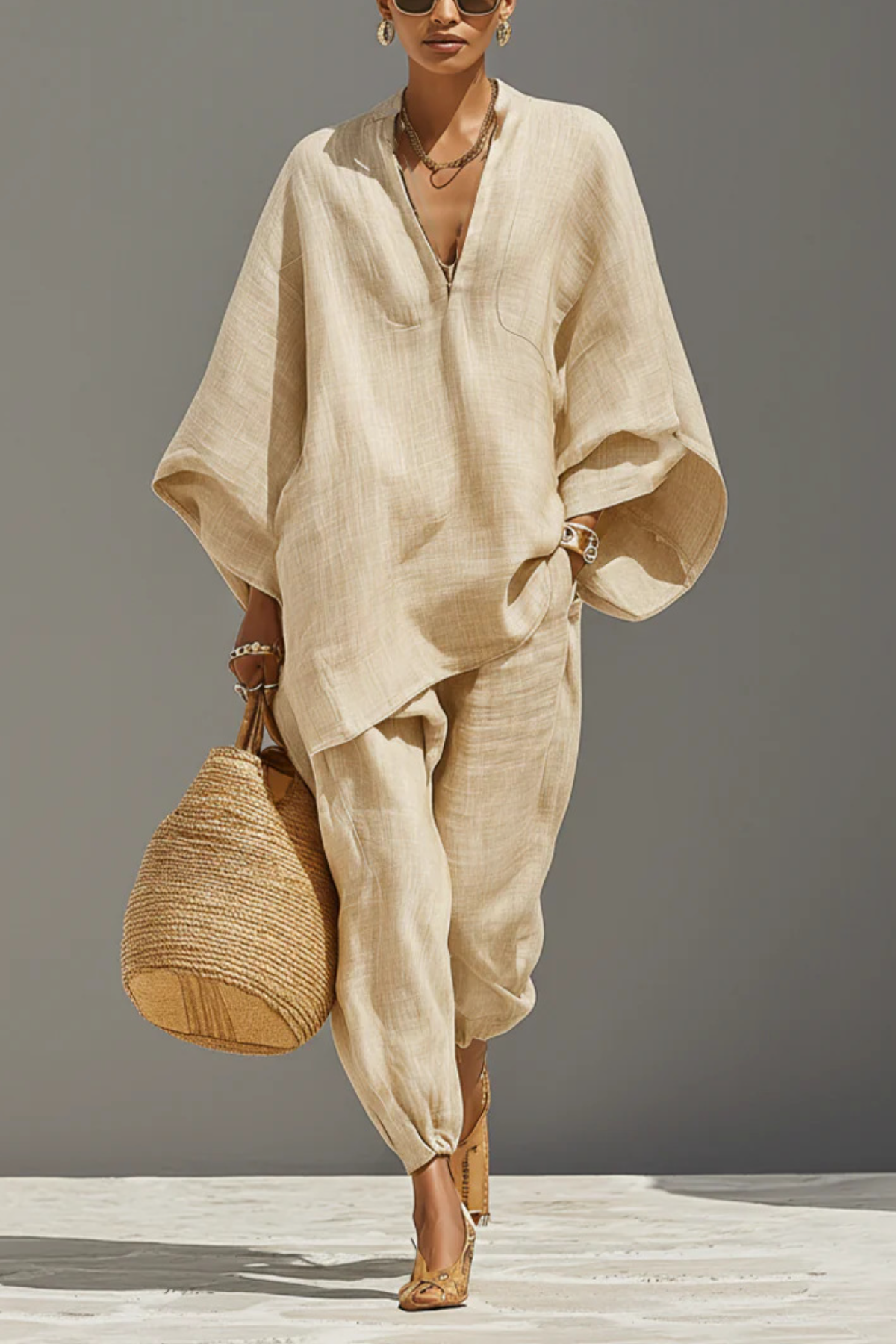 Casual-Style Batwing Sleeve V-Neck Loungewear Set — Loose & Relaxed Fit