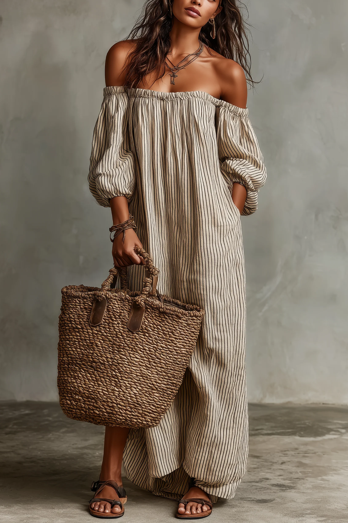 Women's Vacation Blend Off-shoulder Long-sleeved Maxi Dress
