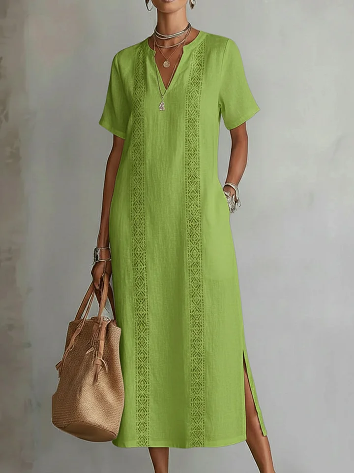 Retro Cozy Lace V-neck Loose Linen Dress