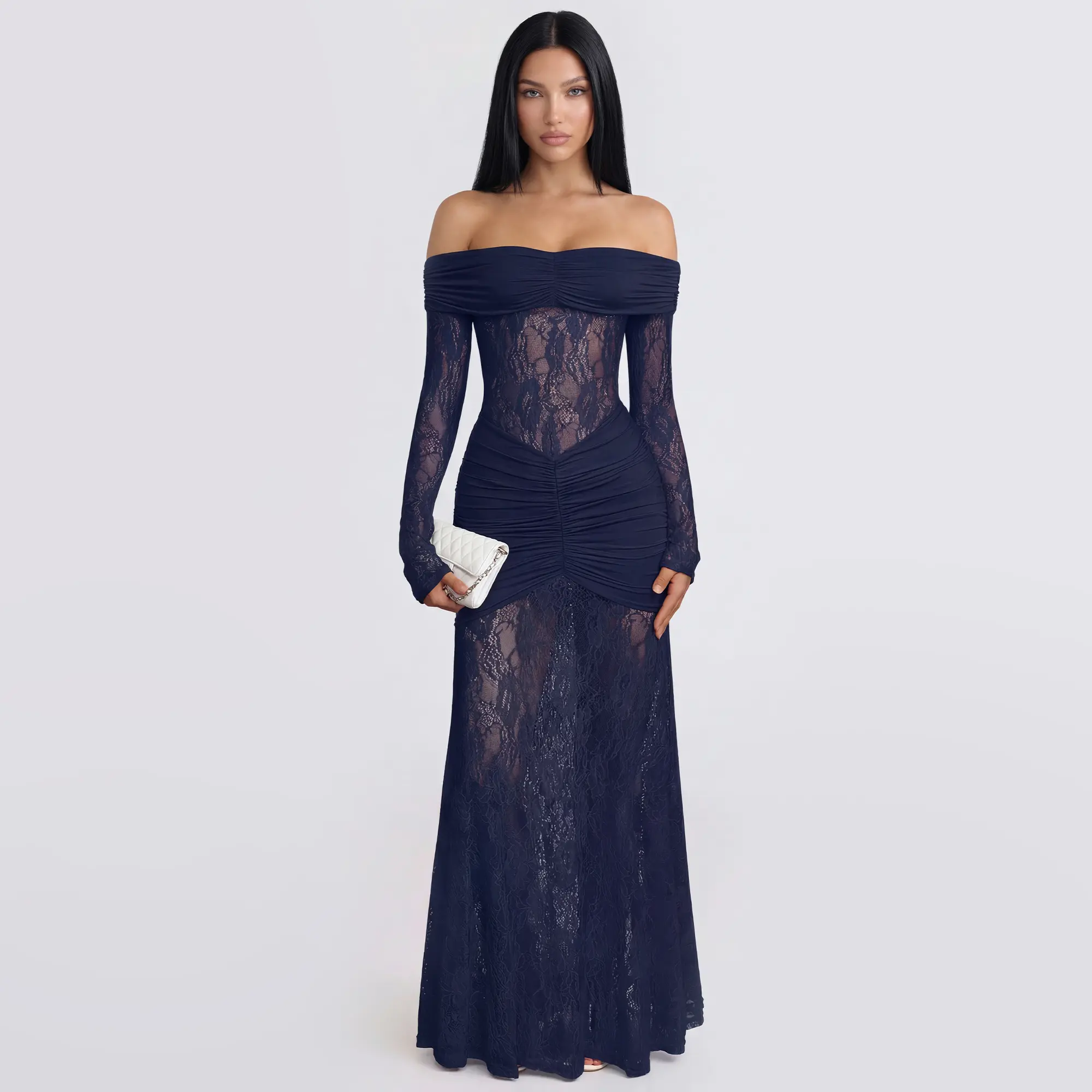 Maxi Lace Party Dress - Elegant Off-Shoulder
