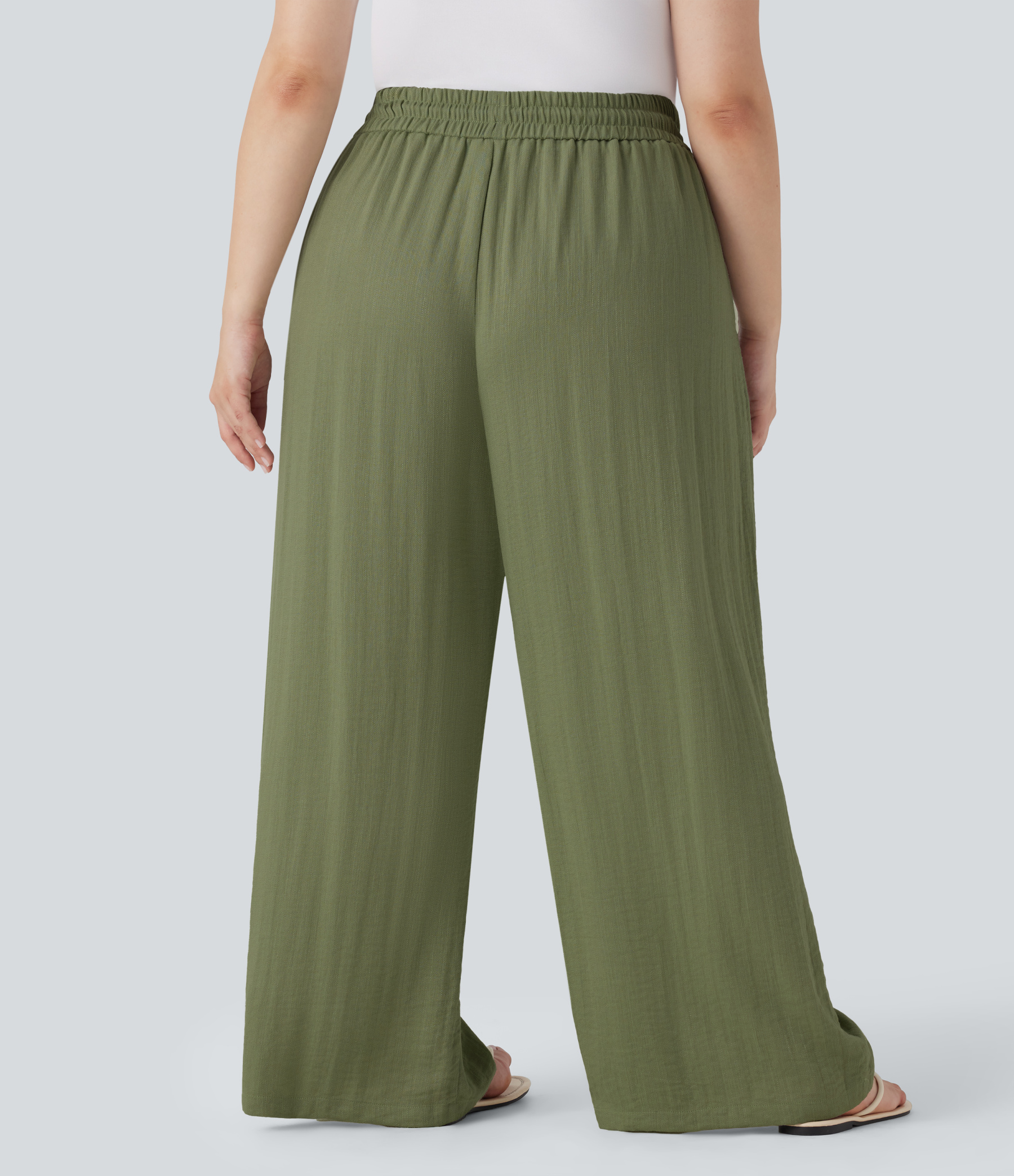High Waisted Drawstring Linen-Feel Wide Leg Casual Plus Size Pants with Pockets