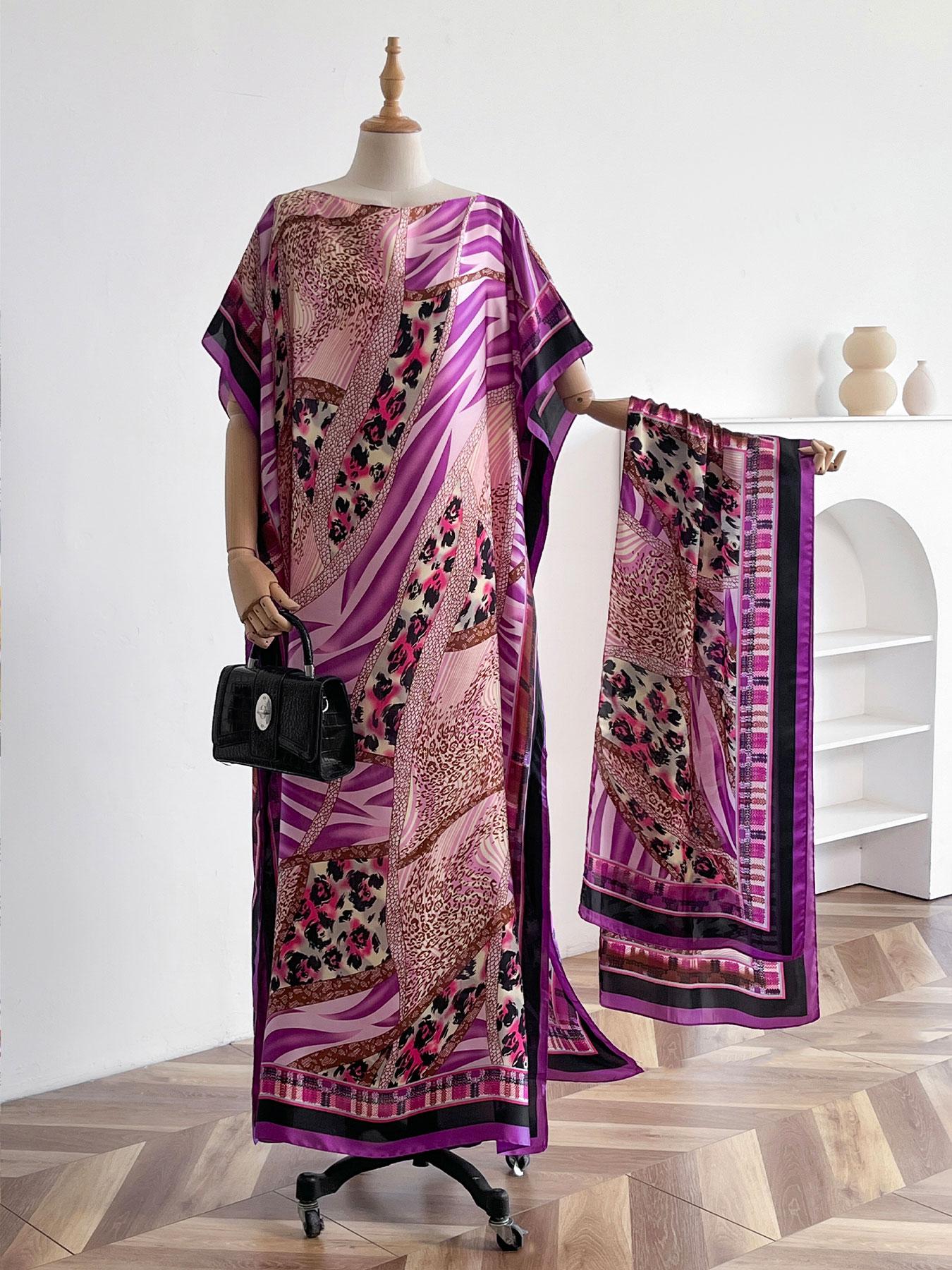 Women's Floral Print Lightweight Long Dress & Scarf Piece Set Outfit, Boho Casual Wear Shawl Dress & Scarf Set for Beach Vacation Holiday, Ladies Clothes for All Seasons
