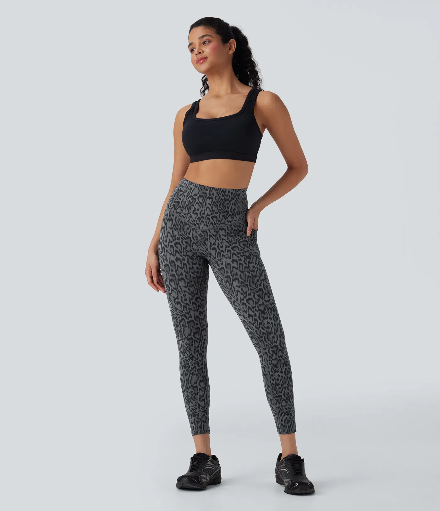 Leopard Print High Waisted Tummy Control Yoga Leggings with Pockets