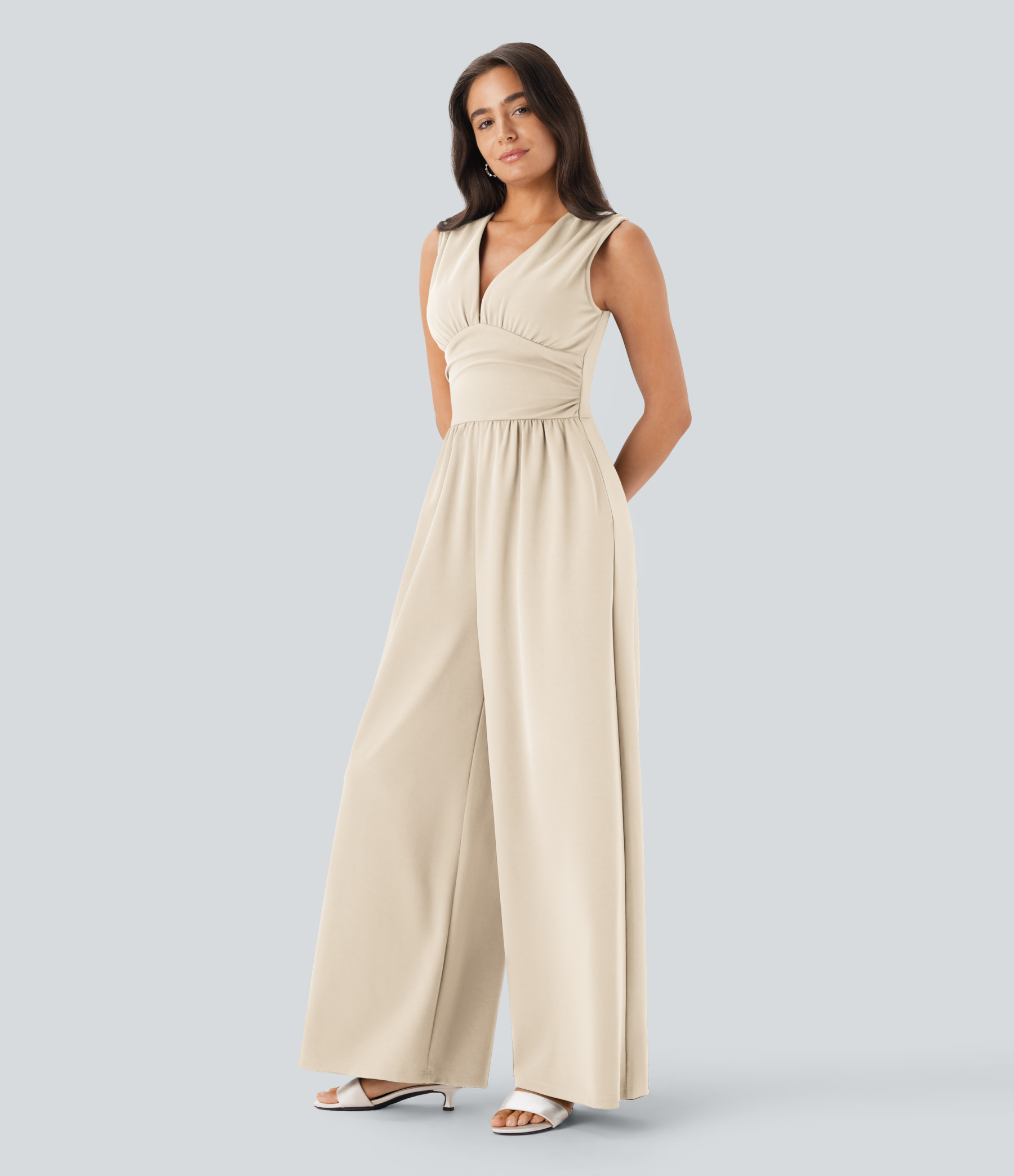 V Neck Sleeveless Ruched Pocket Jumpsuit-Easy Peezy