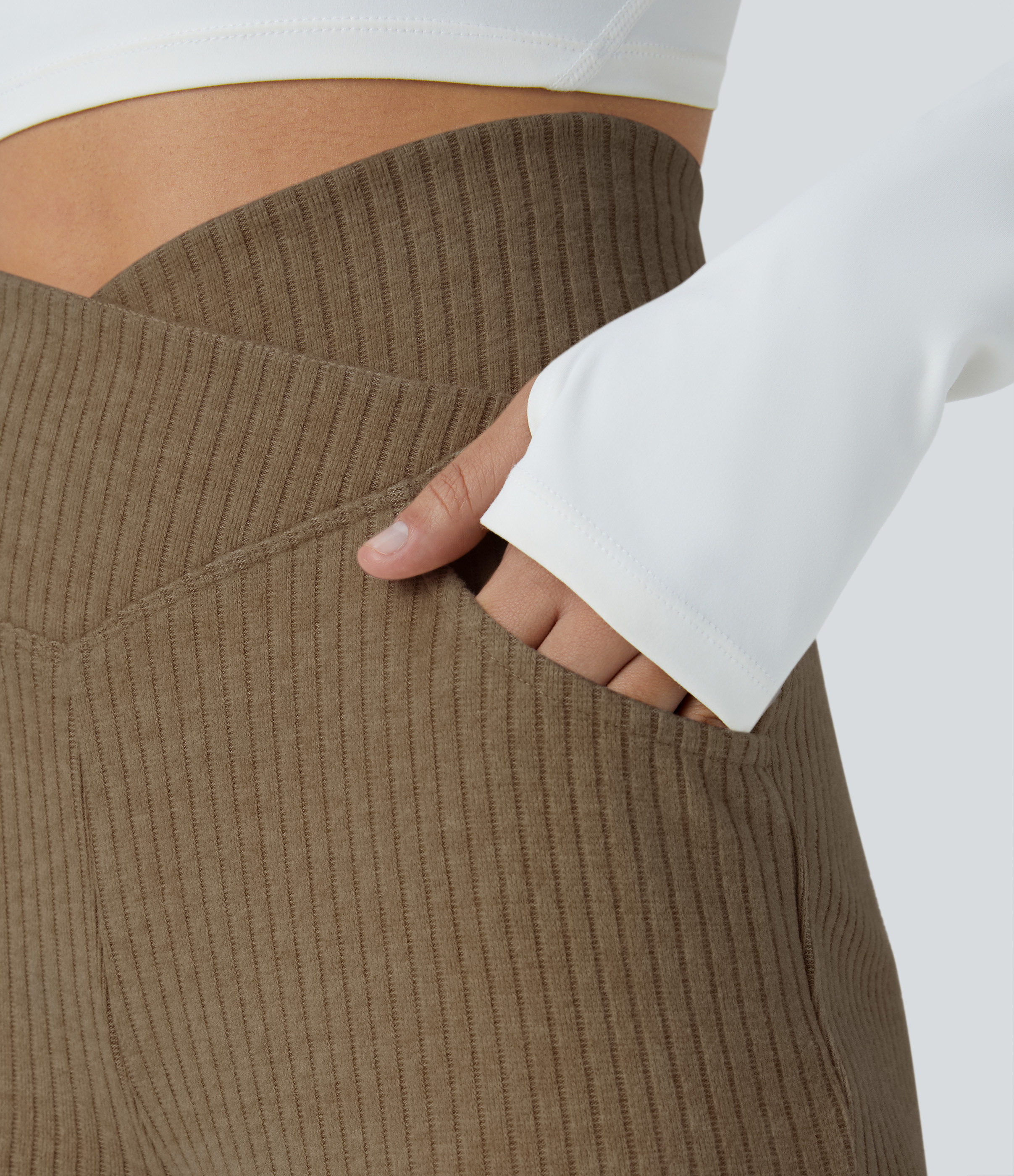 Ribbed Knit Crossover High Waisted Pocket Casual Flare Pants