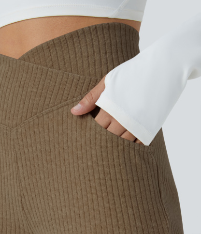 Ribbed Knit Crossover High Waisted Pocket Casual Flare Pants