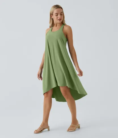 Backless Side-Pocket High-Low Hem Flowy Mid-Length Quick-Drying Casual Dress