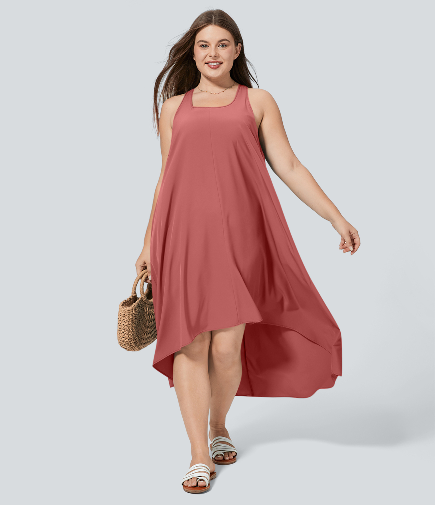 RacerPocket High Low Flowy Midi Quick Dry Casual Plus Size Dress