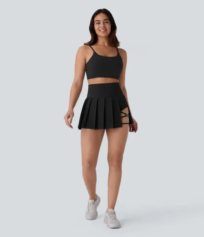 High Waisted Pleated 2-in-1 Side & Pocket Asymmetric Hem Quick Dry Mini Dance Skirt