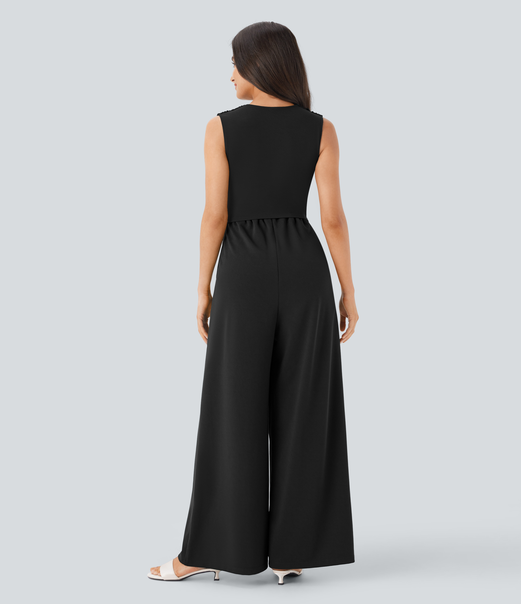 V Neck Sleeveless Ruched Pocket Jumpsuit-Easy Peezy
