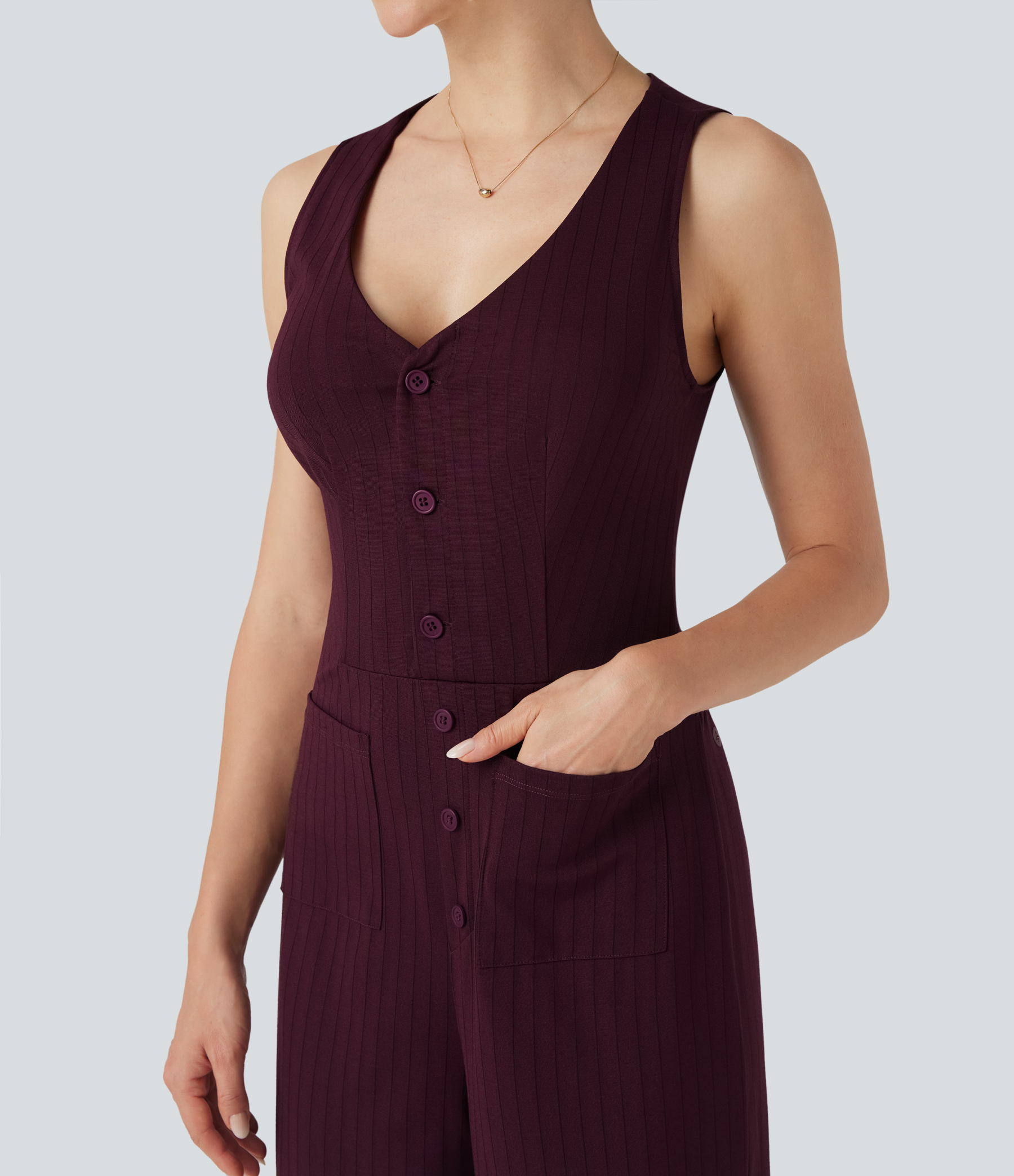V Neck Sleeveless Cut Out Pockets Wide Leg Stripe Cool Touch Work Jumpsuit