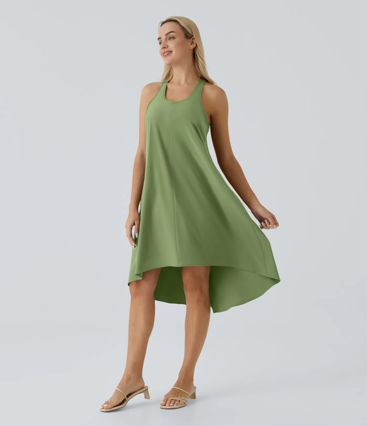 Backless Side-Pocket High-Low Hem Flowy Mid-Length Quick-Drying Casual Dress
