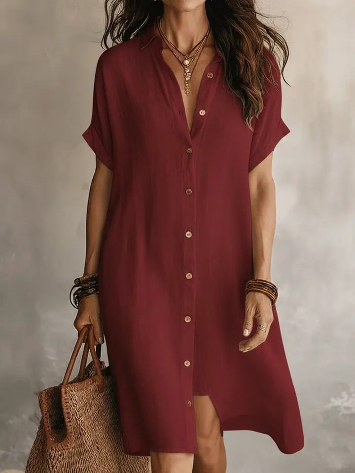2026 European And American Amazon Cross-Border New Shirt Dress Fashion Casual Solid Color Short-Sleeved Button Mid-Length Dress