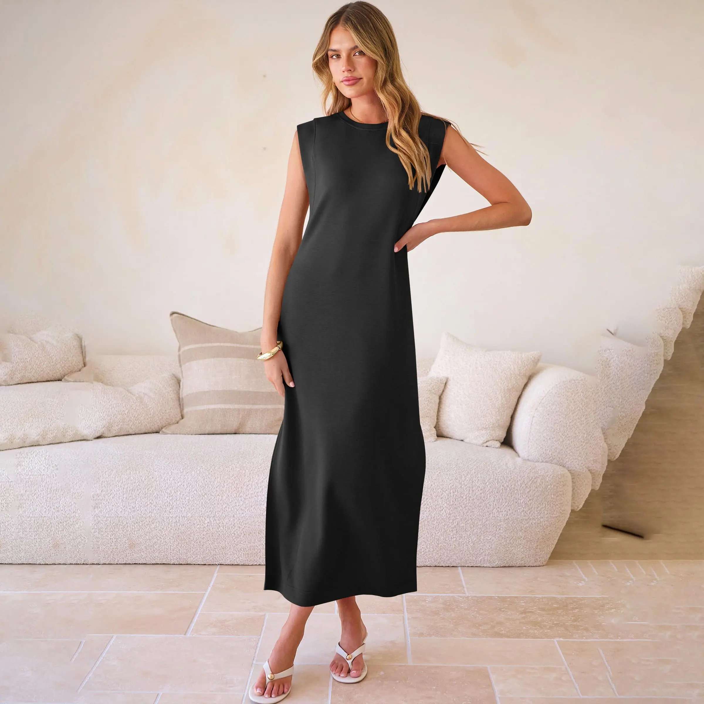 Summer Casual Sleeveless Maxi Dress 2026 Crewneck Loose Split Wrinkle-Free Beach Travel Vacation Long Sundress