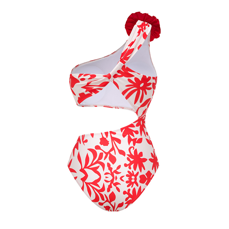 One Shoulder 3D Flower Cut Out Printed One Piece Swimsuit and Skirt