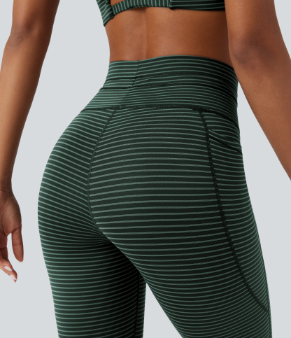 High Waisted Drawstring Striped Yoga Leggings with Pockets