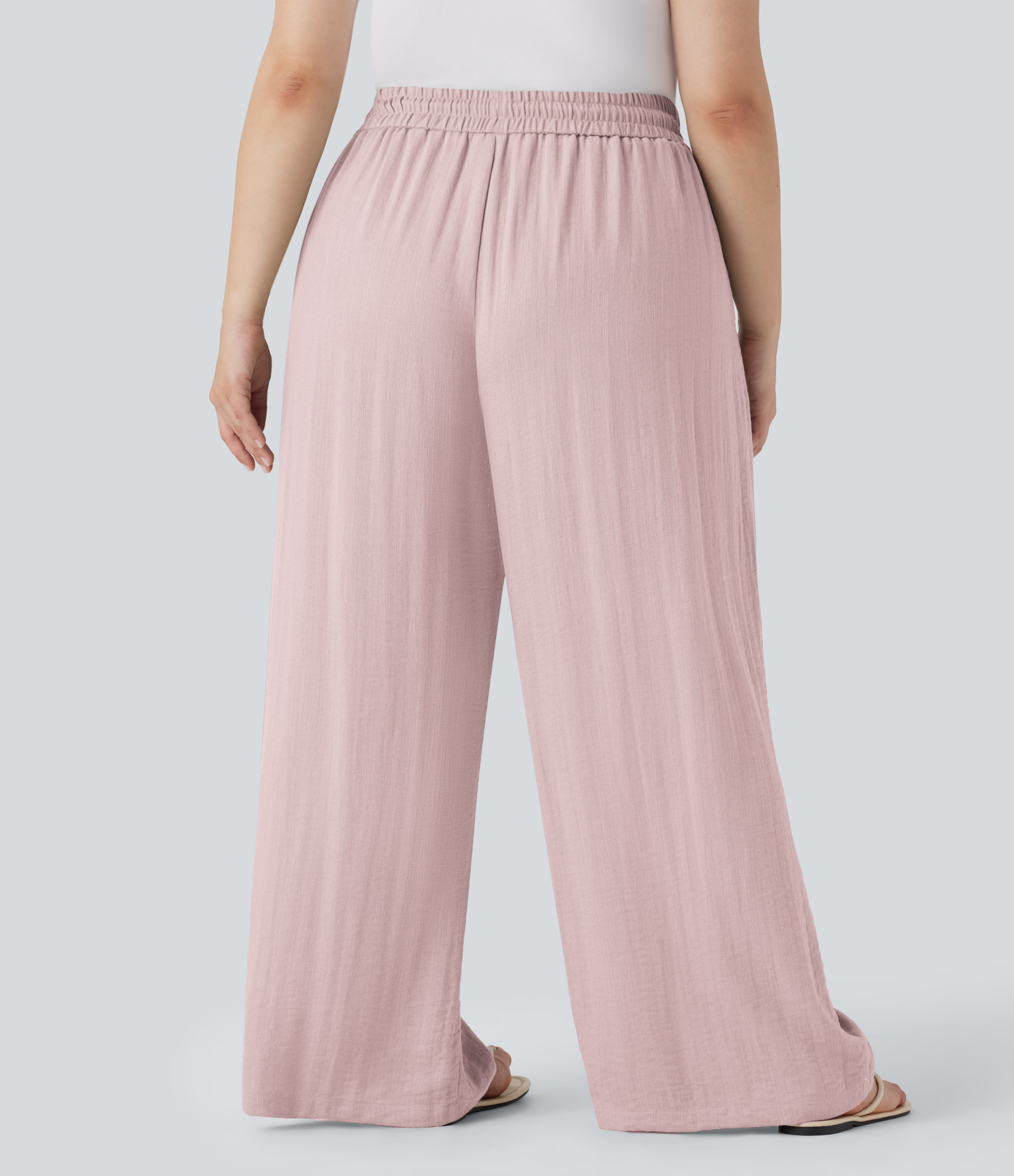 High Waisted Drawstring Linen-Feel Wide Leg Casual Plus Size Pants with Pockets