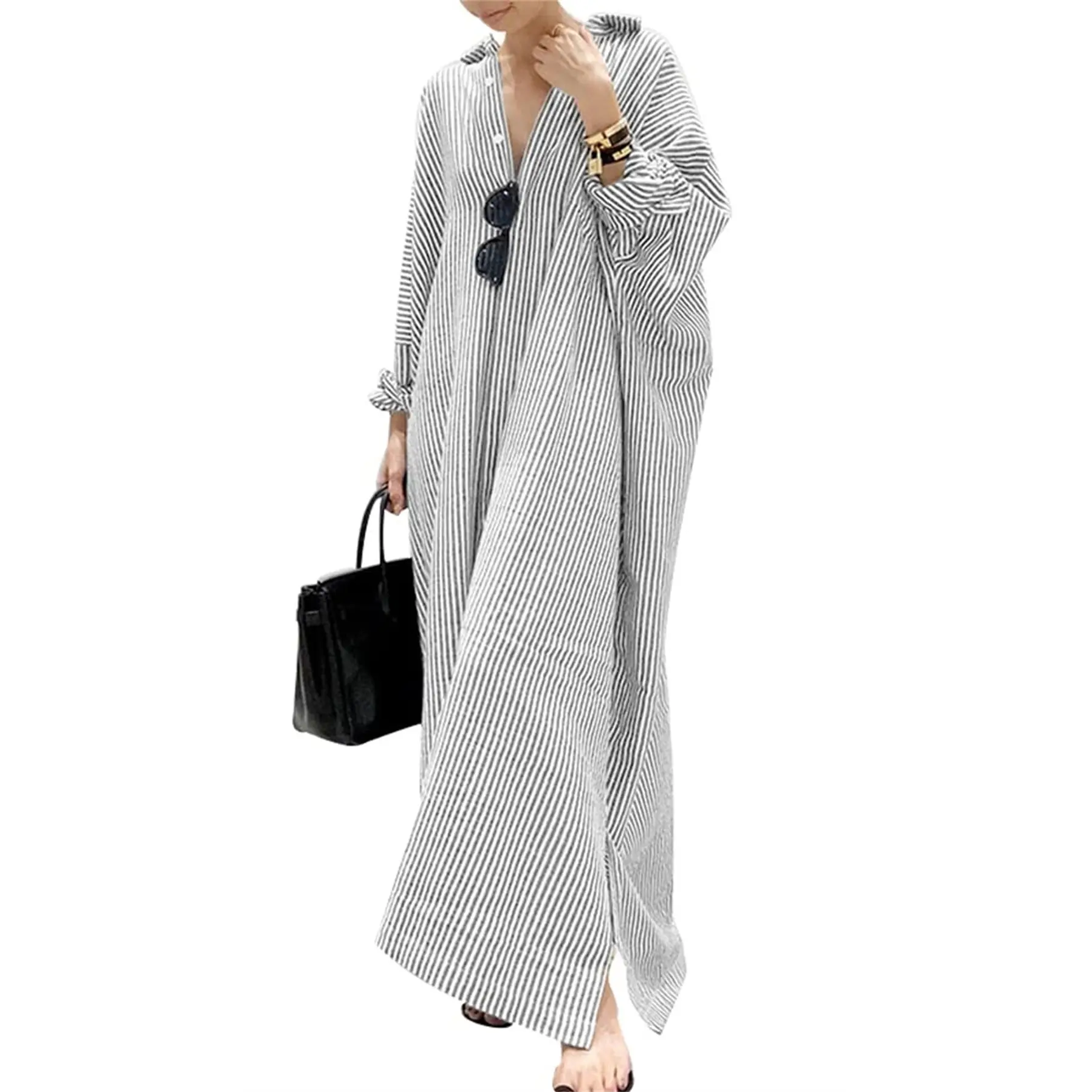 Women's Casual Striped Cotton Maxi Shirt Dress