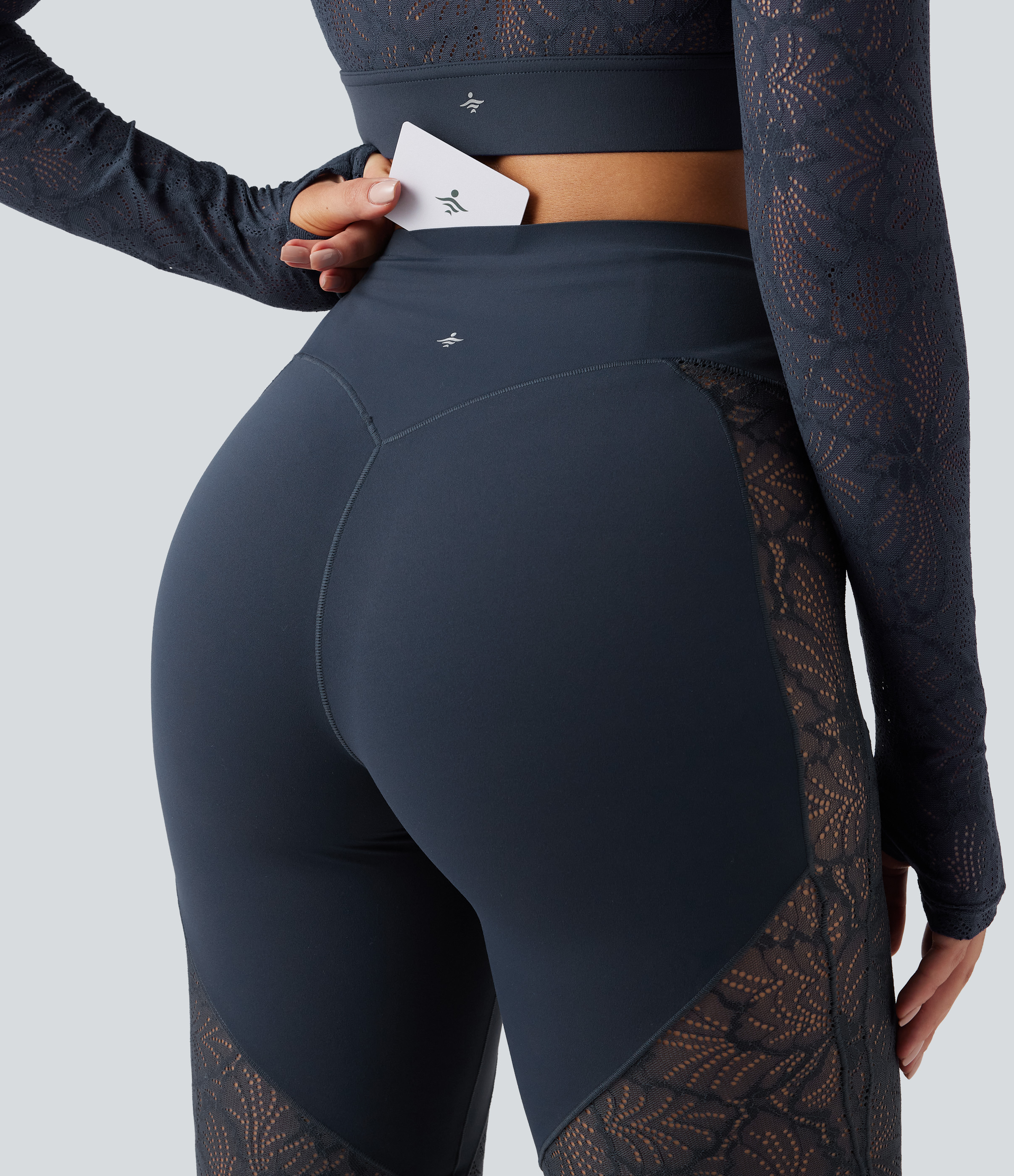 High Waisted Tummy Control Contrast Lace Yoga Flare Leggings with Pocket