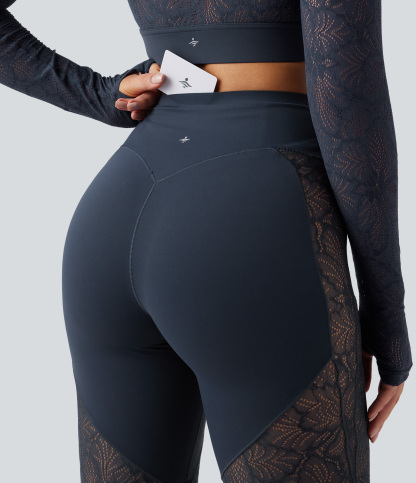 High Waisted Tummy Control Contrast Lace Yoga Flare Leggings with Pocket