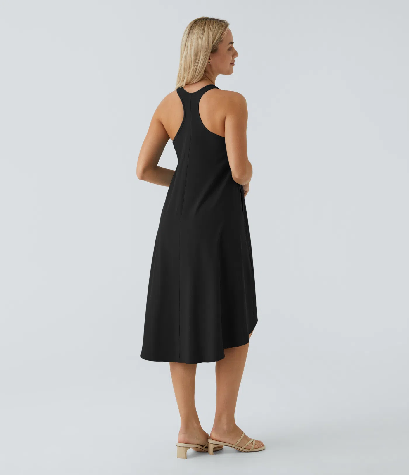 Backless Side-Pocket High-Low Hem Flowy Mid-Length Quick-Drying Casual Dress