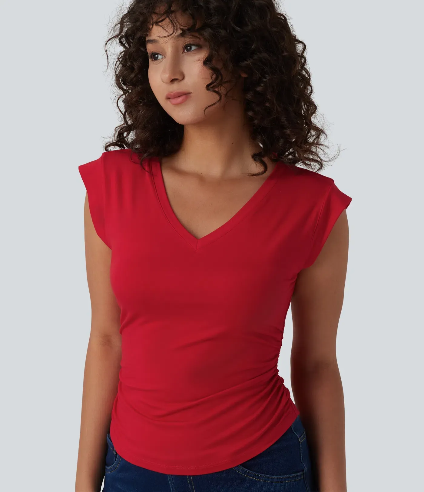 V-Neck Short-Sleeve Curved Hem Pleated Casual Tee
