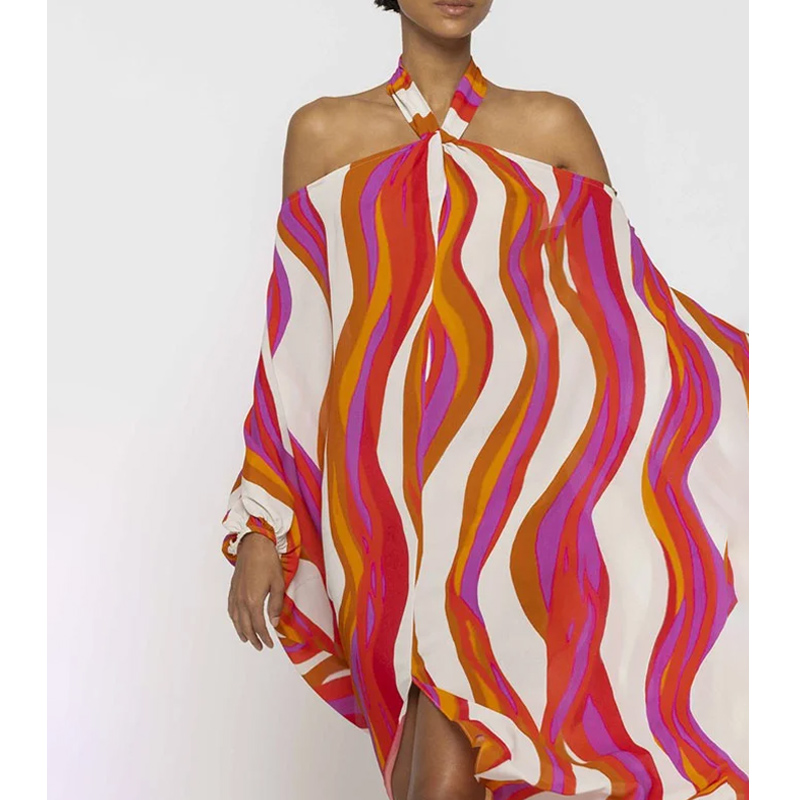 Halter Printed Color Block One Piece Swimsuit and Cover Up