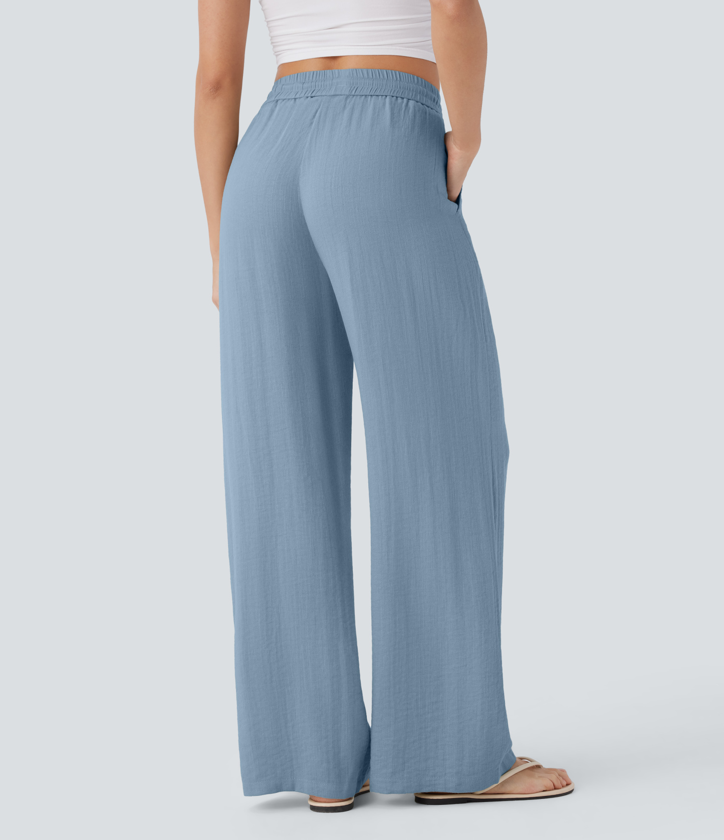 High Waisted Drawstring Pocket Wide Leg Casual Linen-Feel Pants