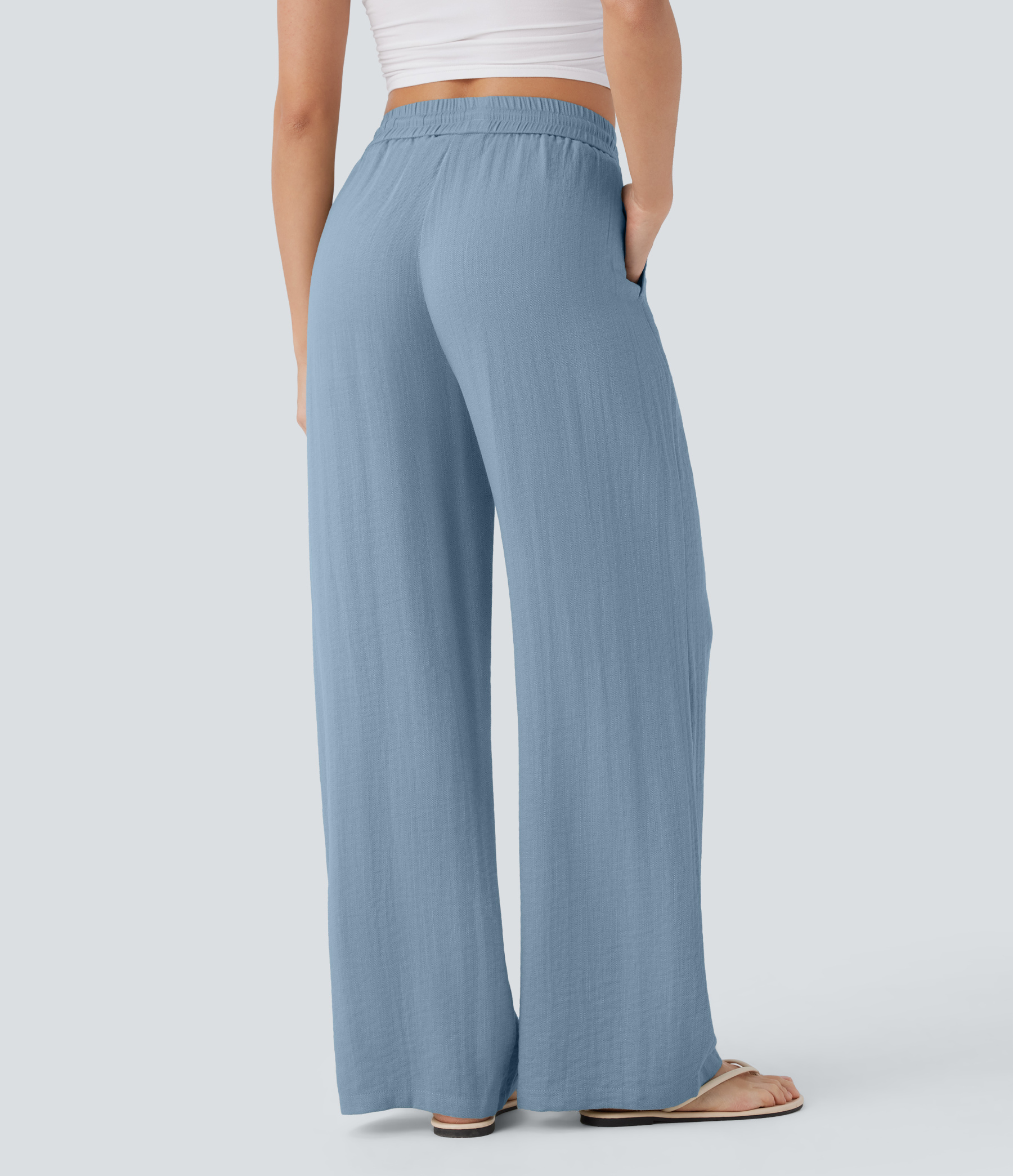 High Waisted Drawstring Pocket Wide Leg Casual Linen-Feel Pants