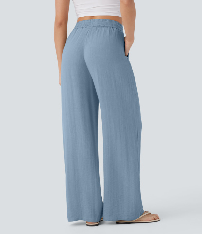 High Waisted Drawstring Pocket Wide Leg Casual Linen-Feel Pants