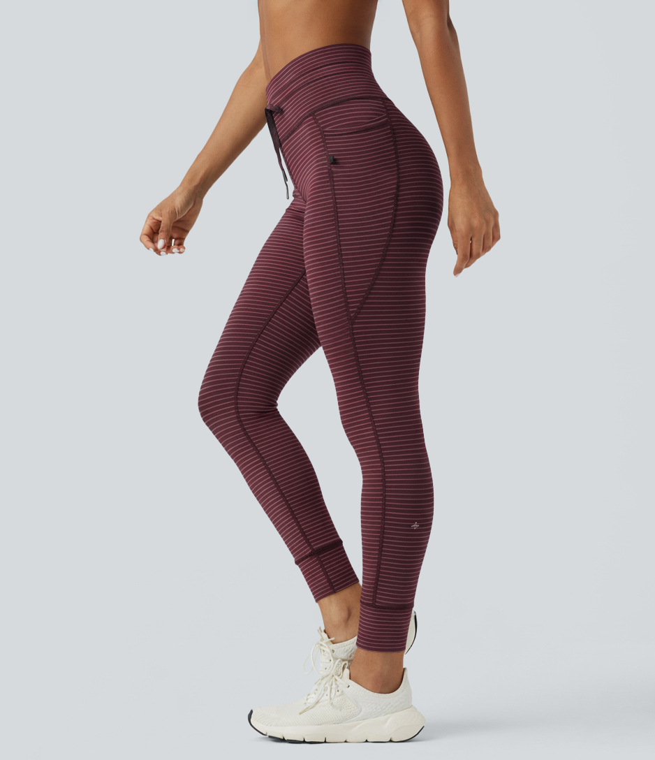 High Waisted Drawstring Striped Yoga Leggings with Pockets