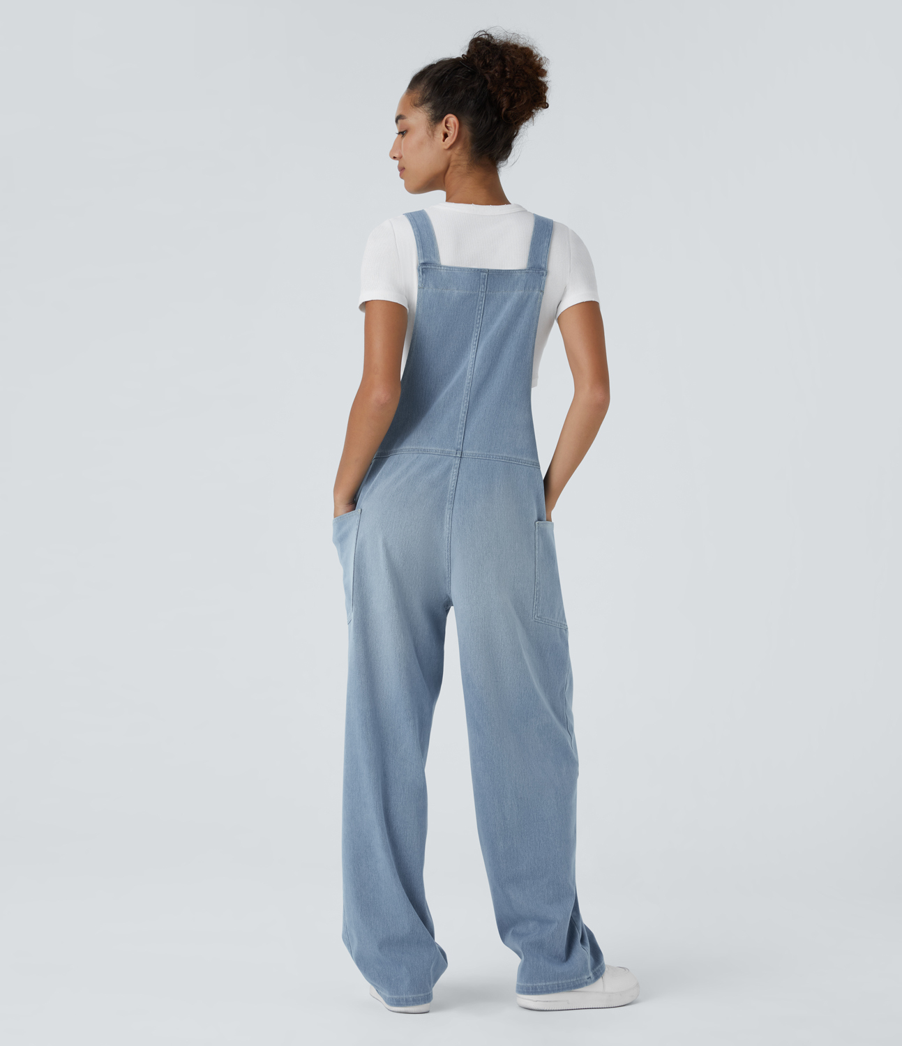 V Neck Pocket Washed Denim Casual Overalls