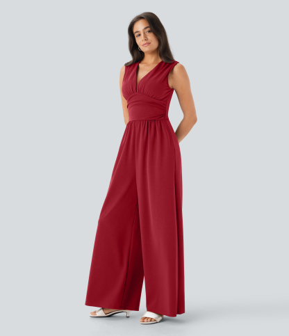 V Neck Sleeveless Ruched Pocket Jumpsuit-Easy Peezy