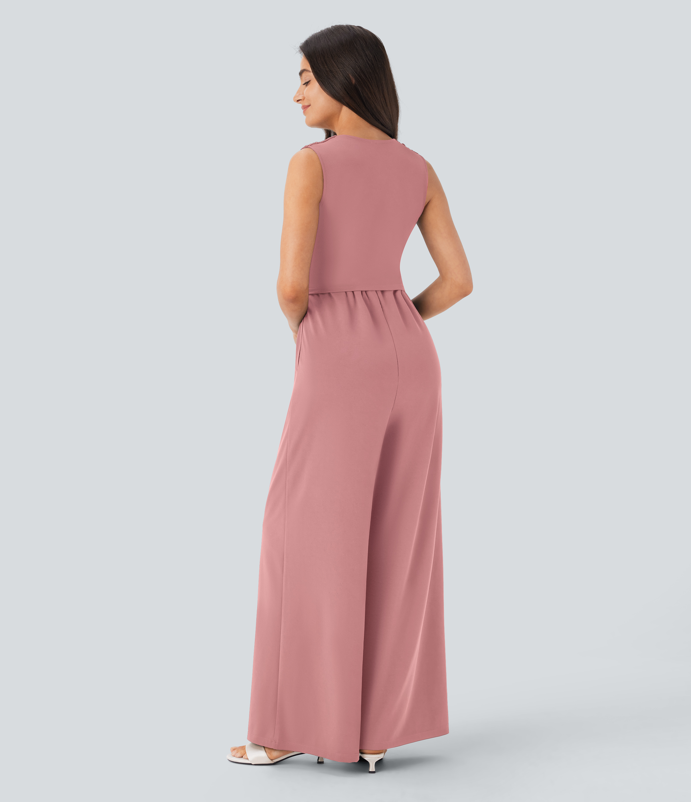 V Neck Sleeveless Ruched Pocket Jumpsuit-Easy Peezy