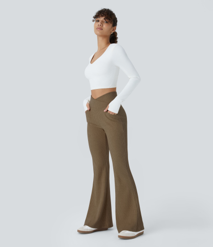 Ribbed Knit Crossover High Waisted Pocket Casual Flare Pants
