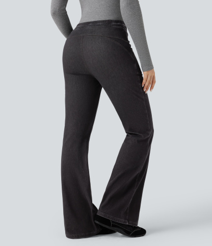 Denim Heat High Waisted Drawstring Casual Flare Leggings with Pockets