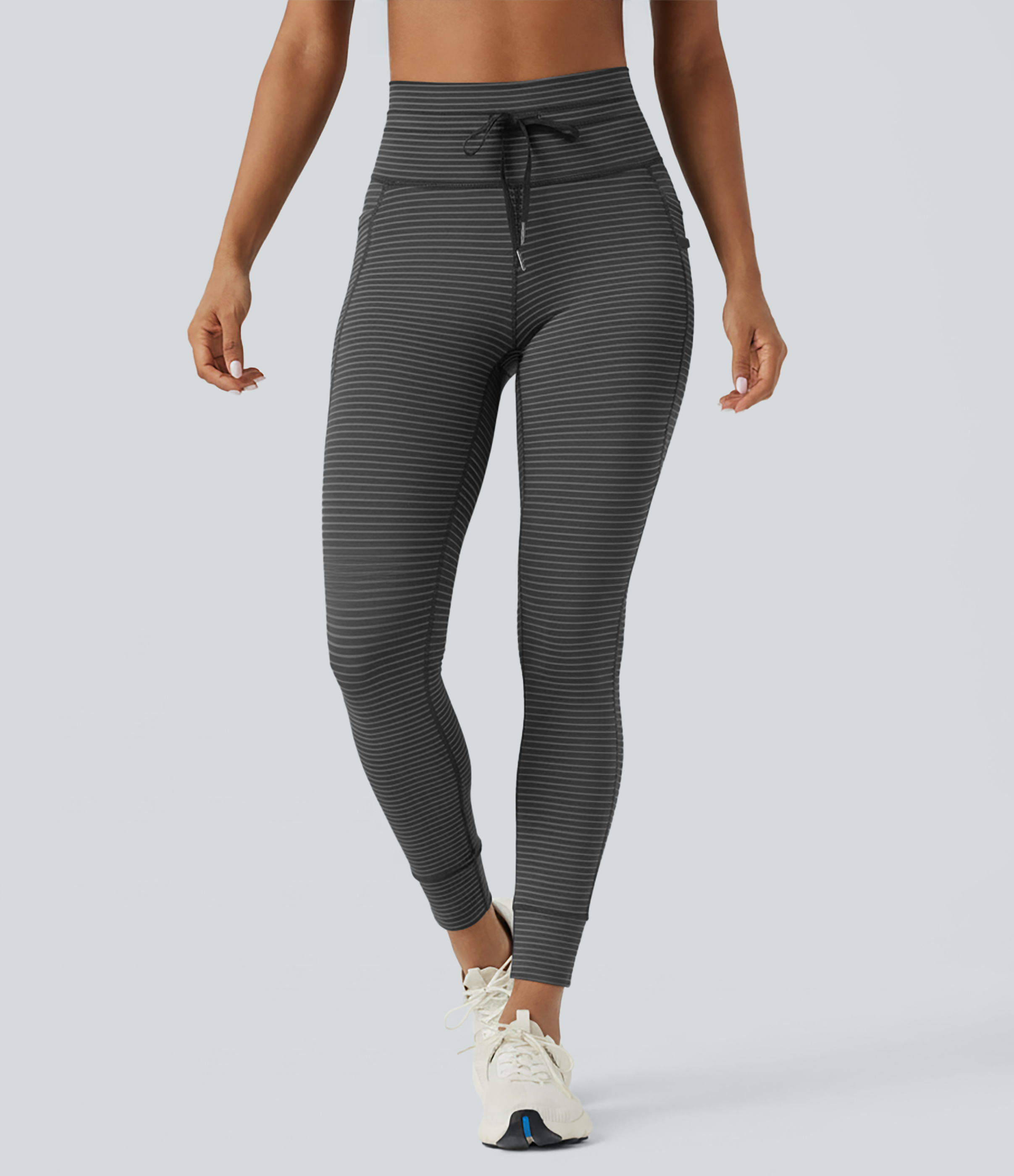 High Waisted Drawstring Striped Yoga Leggings with Pockets