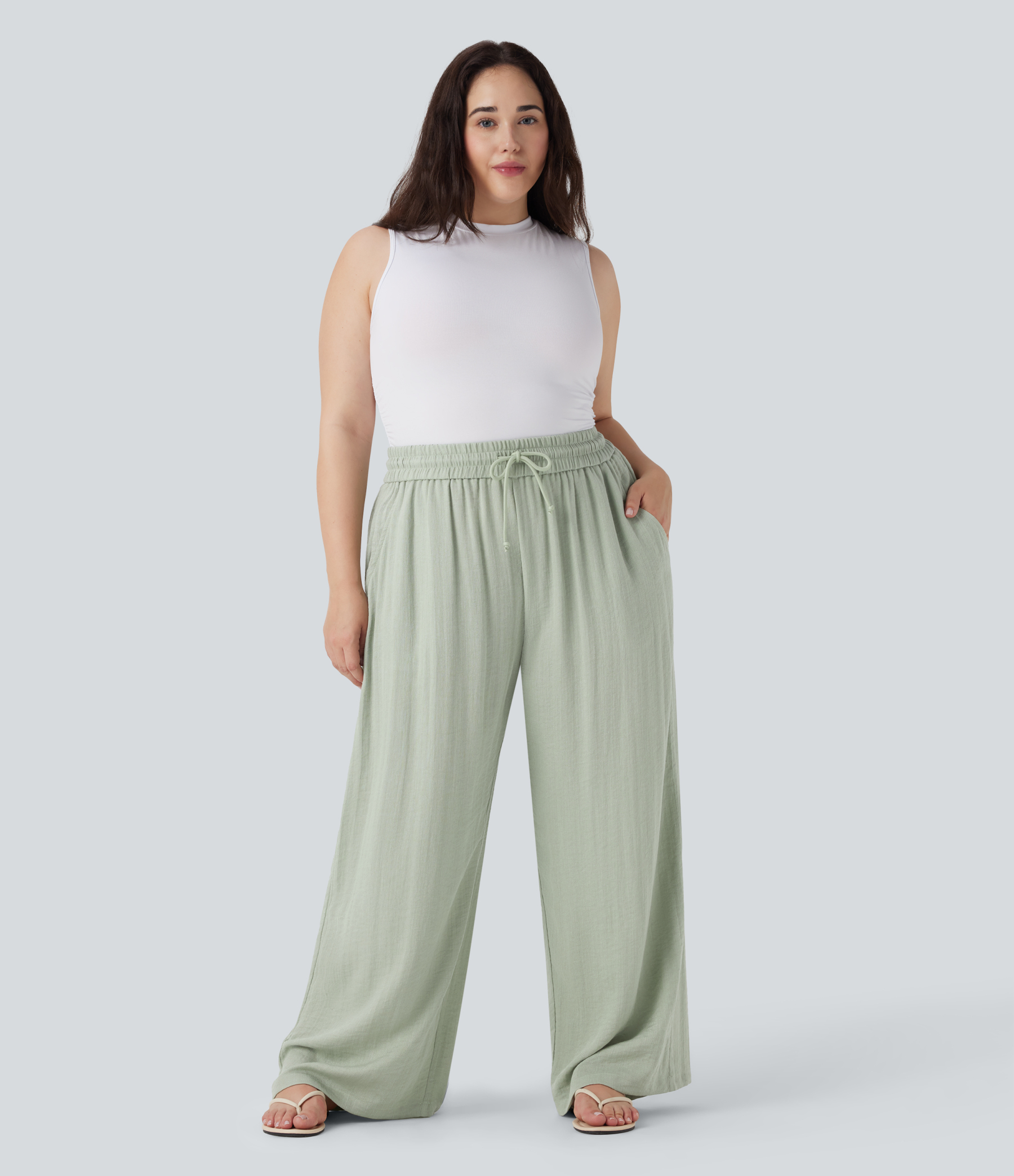 High Waisted Drawstring Linen-Feel Wide Leg Casual Plus Size Pants with Pockets